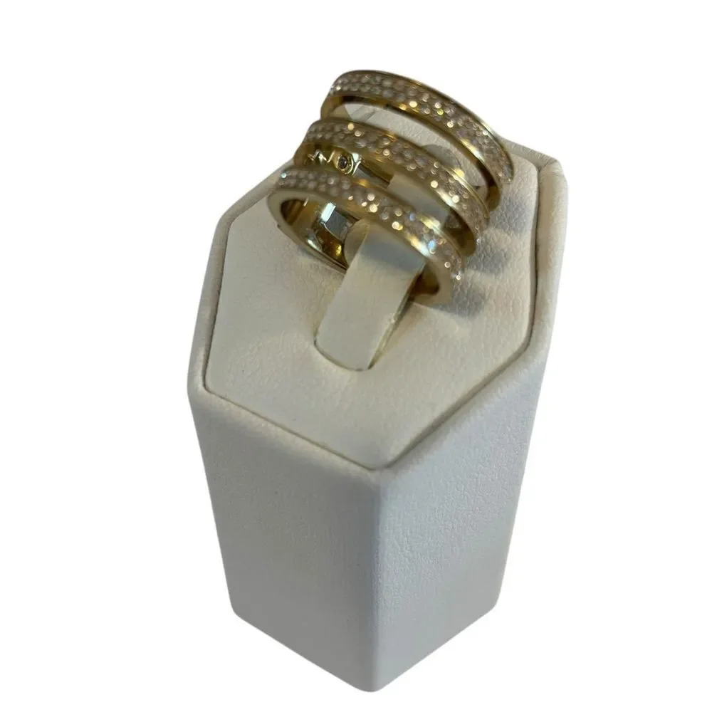 Michael Kors Gold Tone Tri-Stack Fashion Ring w/ Clear Pave Crystals.